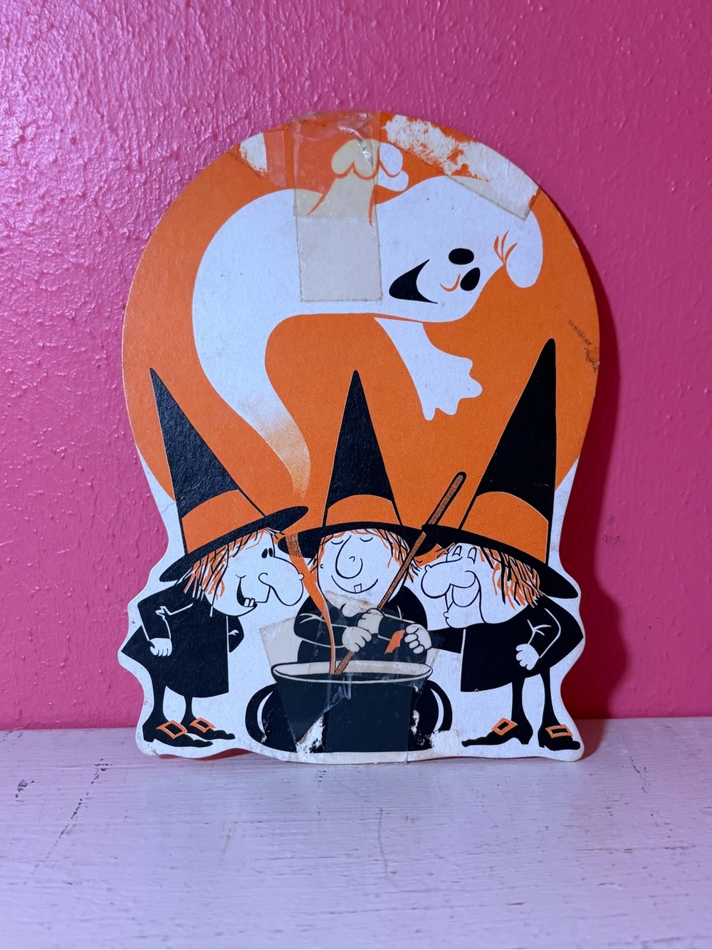 Vintage Halloween Witch Trio Die Cut Out RETRO Orange White Black Cauldron Ghost